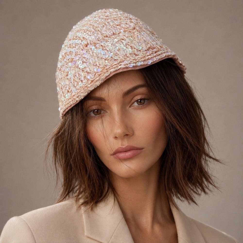Vintage Style Pink Sequin Cloche Hat Iridescent Beaded Cocktail‎ Skull Cap